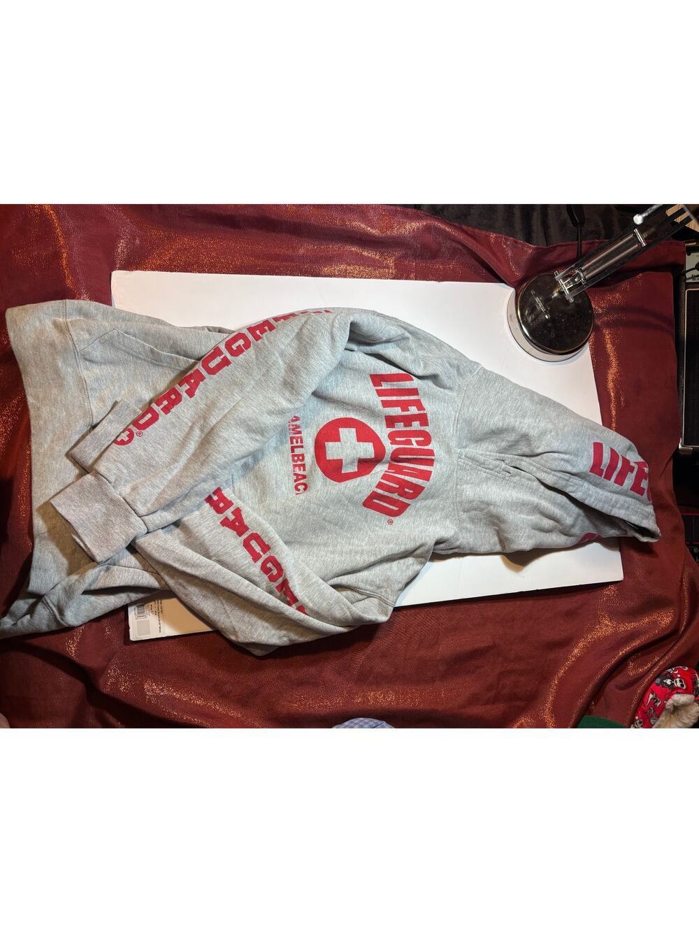 Lifeguard Hoodie Mens Large Gray Red Lifeguard Graphic Pullover Sweatshirt